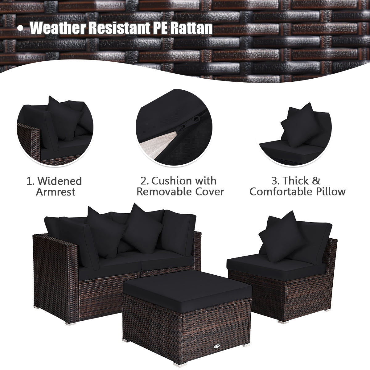 Juego de muebles de mimbre de ratán para patio y jardín de 4 piezas con cojines - Negro