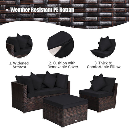 Juego de muebles de mimbre de ratán para patio y jardín de 4 piezas con cojines - Negro
