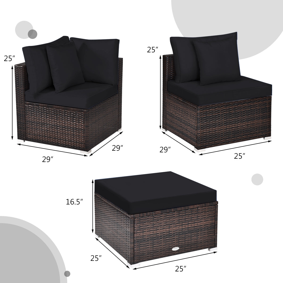 Juego de muebles de mimbre de ratán para patio y jardín de 4 piezas con cojines - Negro