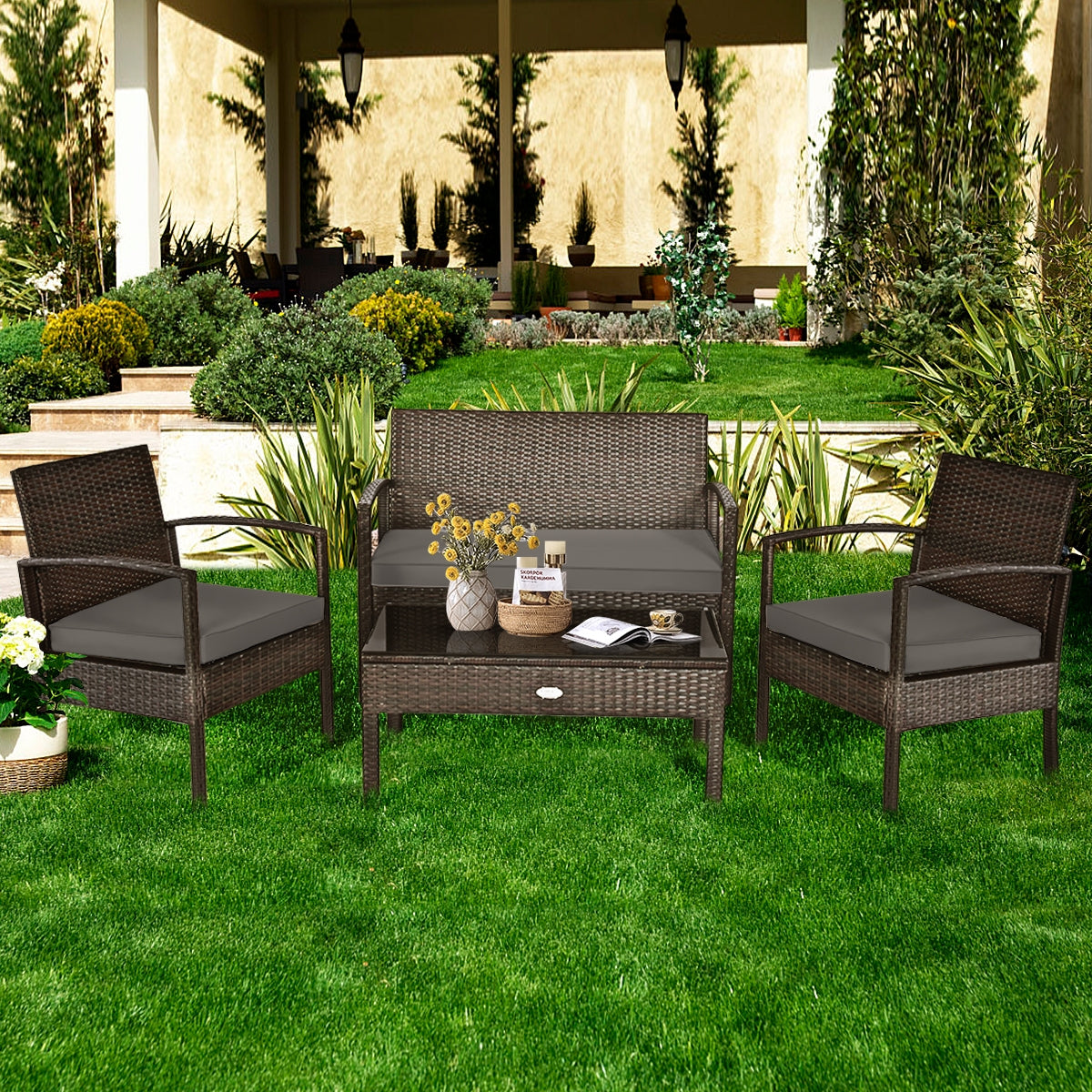 Juego de muebles de patio de ratán de 4 piezas con cojines, sofá de dos plazas y mesa - Marrón