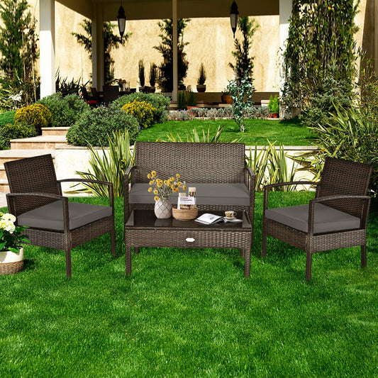 4 Pieces Patio Rattan Cushioned Furniture Set with Loveseat and Table -Brown - Tampa Home & Garden Store