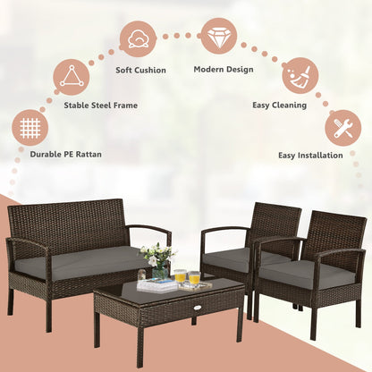 Juego de muebles de patio de ratán de 4 piezas con cojines, sofá de dos plazas y mesa - Marrón