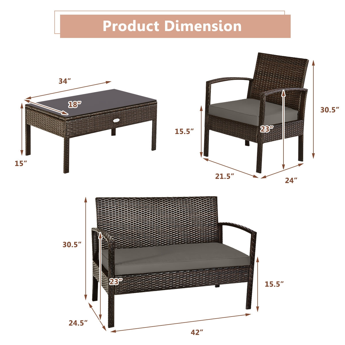 Juego de muebles de patio de ratán de 4 piezas con cojines, sofá de dos plazas y mesa - Marrón