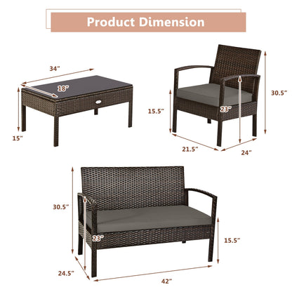 Juego de muebles de patio de ratán de 4 piezas con cojines, sofá de dos plazas y mesa - Marrón