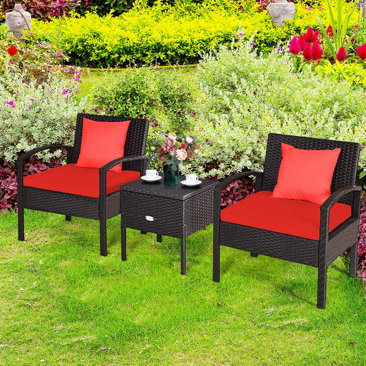 3 Piece PE Rattan Wicker Sofa Set with Washable and Removable Cushion for Patio-Red - Tampa Home & Garden Store