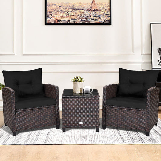 3 Pcs Patio Rattan Furniture Set Cushioned Conversation Set Coffee Table -Black - Tampa Home & Garden Store