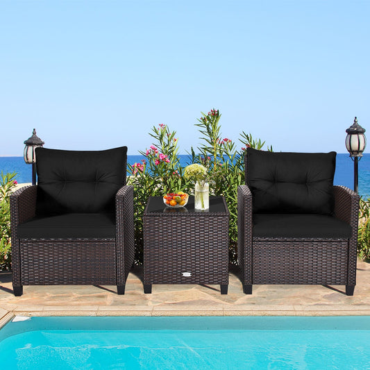 3 Pcs Patio Rattan Furniture Set Cushioned Conversation Set Coffee Table -Black - Tampa Home & Garden Store