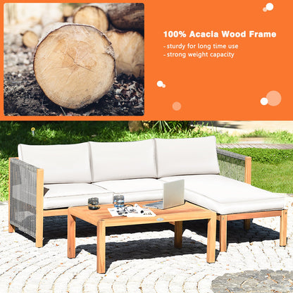 Set de muebles de patio de madera de acacia con sofá de 3 piezas y reposabrazos de cuerda de nailon - Blanco