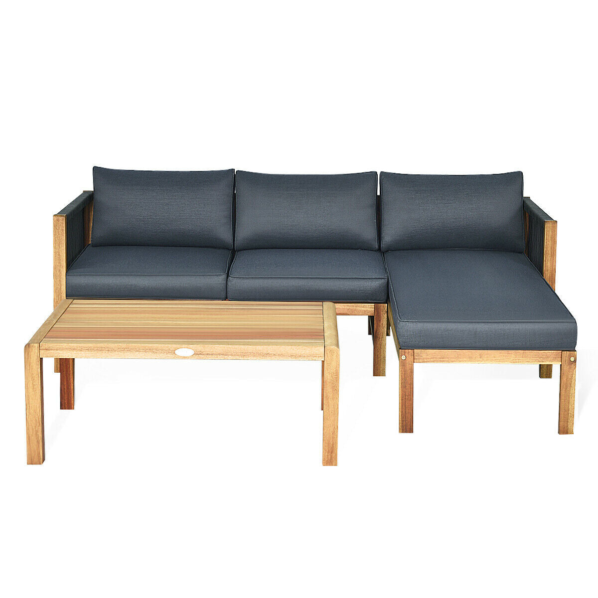 Set de muebles de patio de madera de acacia con sofá de 3 piezas y reposabrazos de cuerda de nailon - Blanco