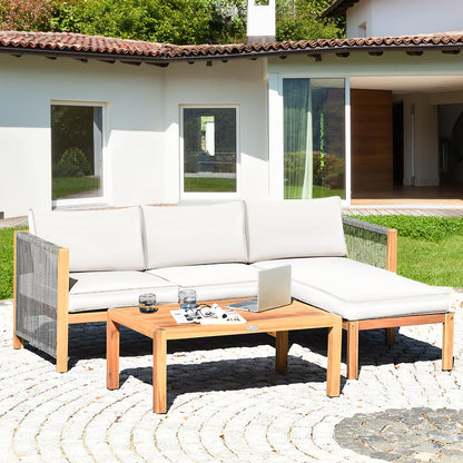 Set de muebles de patio de madera de acacia con sofá de 3 piezas y reposabrazos de cuerda de nailon - Blanco