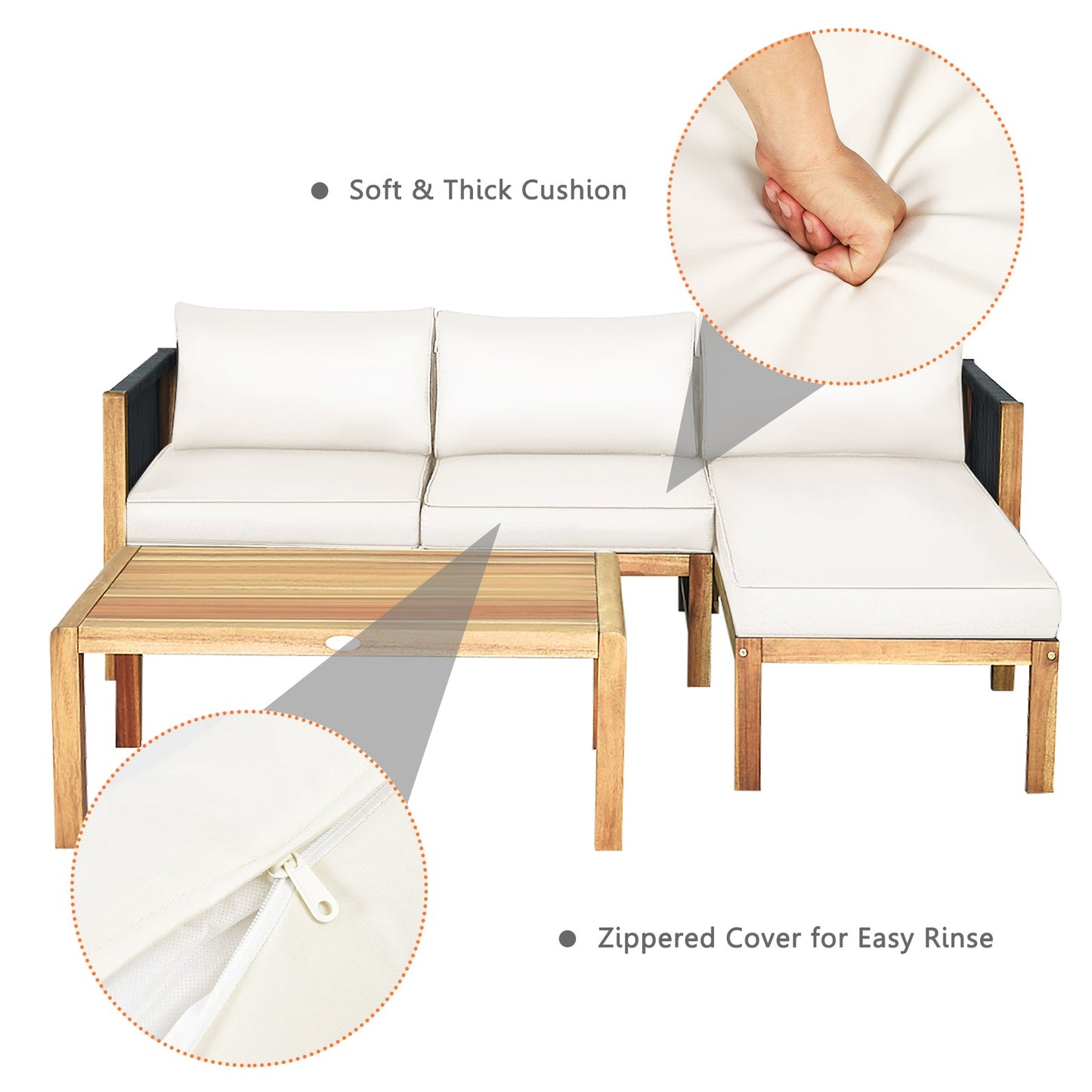 Set de muebles de patio de madera de acacia con sofá de 3 piezas y reposabrazos de cuerda de nailon - Blanco