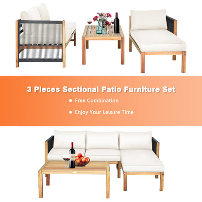 Set de muebles de patio de madera de acacia con sofá de 3 piezas y reposabrazos de cuerda de nailon - Blanco