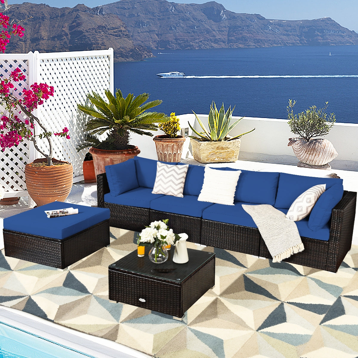 Juego de sofá seccional de ratán para patio exterior de 6 piezas con mesa de centro - Azul