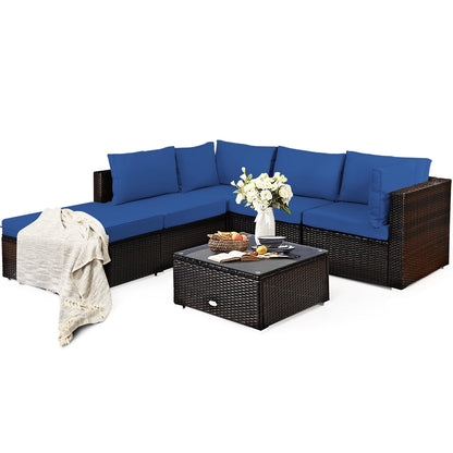 Juego de sofá seccional de ratán para patio exterior de 6 piezas con mesa de centro - Azul