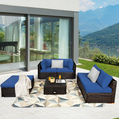 Juego de sofá seccional de ratán para patio exterior de 6 piezas con mesa de centro - Azul