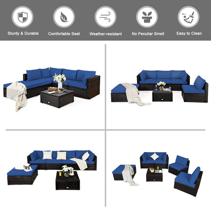Juego de sofá seccional de ratán para patio exterior de 6 piezas con mesa de centro - Azul