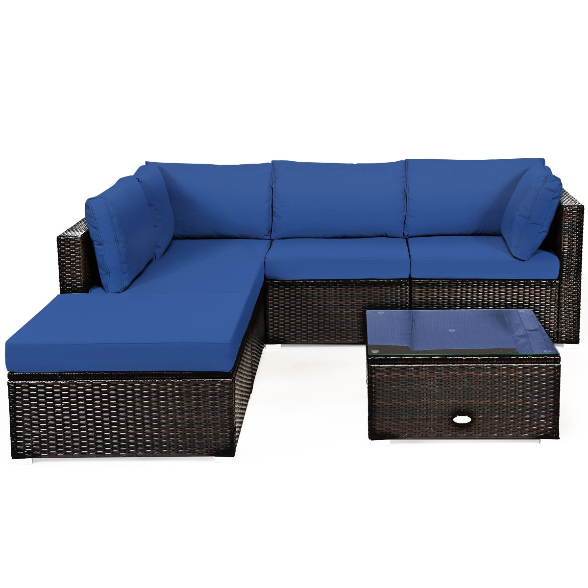Juego de sofá seccional de ratán para patio exterior de 6 piezas con mesa de centro - Azul