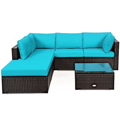 Juego de sofá seccional de ratán para patio exterior de 6 piezas con mesa de centro - Azul