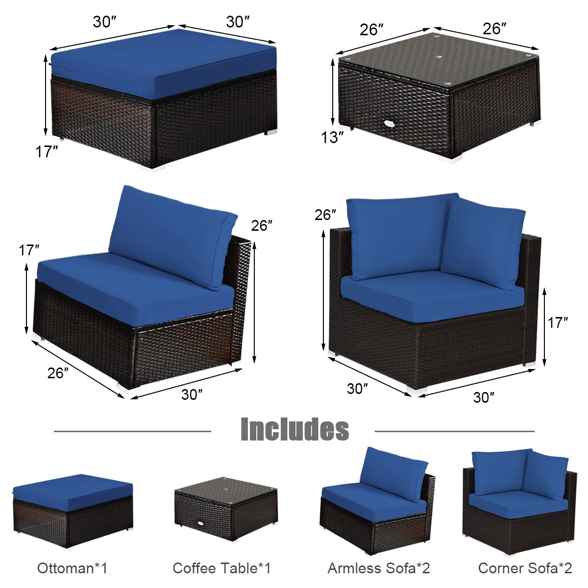 Juego de sofá seccional de ratán para patio exterior de 6 piezas con mesa de centro - Azul