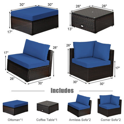 Juego de sofá seccional de ratán para patio exterior de 6 piezas con mesa de centro - Azul