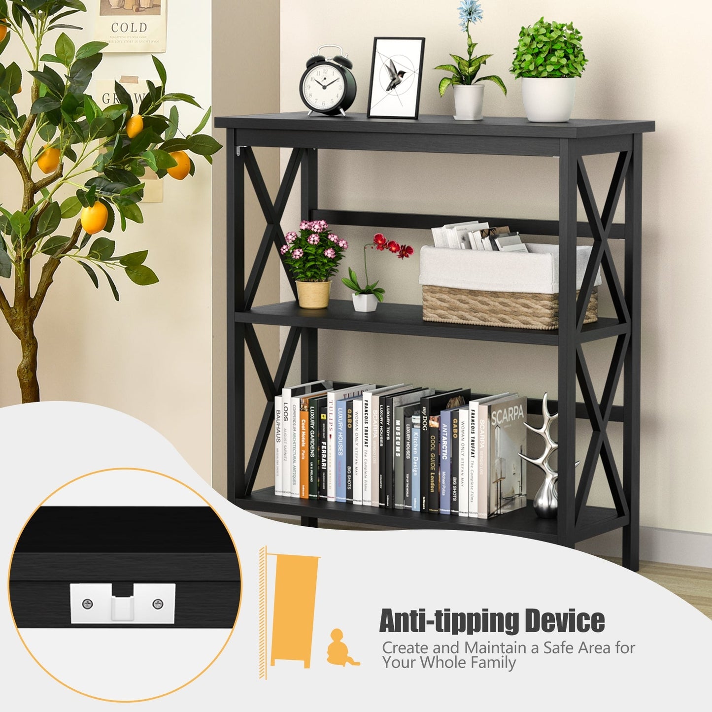 Estantería Etagere de Almacenamiento de Madera de 3 Niveles Multifuncional con Diseño en X - Negro