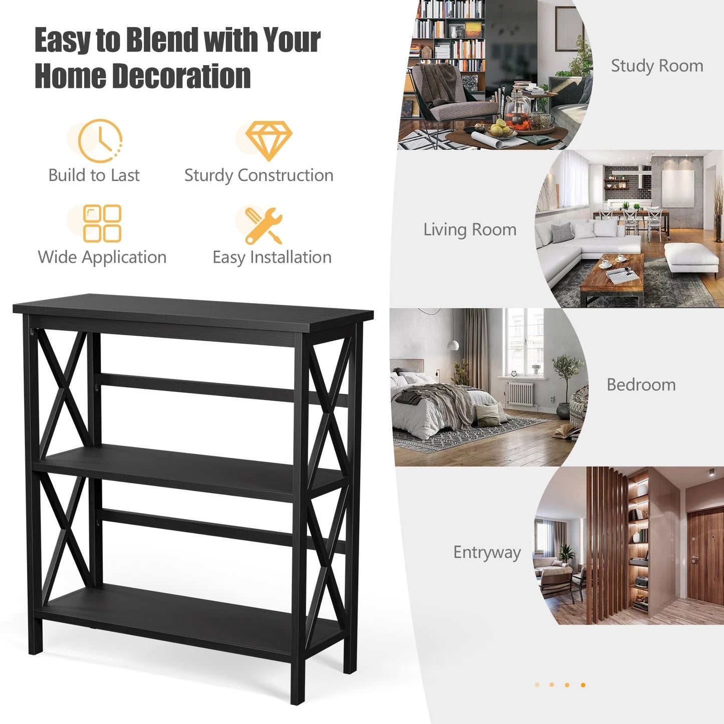 Estantería Etagere de Almacenamiento de Madera de 3 Niveles Multifuncional con Diseño en X - Negro