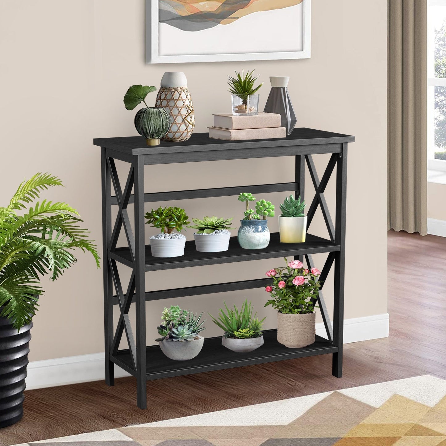 Estantería Etagere de Almacenamiento de Madera de 3 Niveles Multifuncional con Diseño en X - Negro