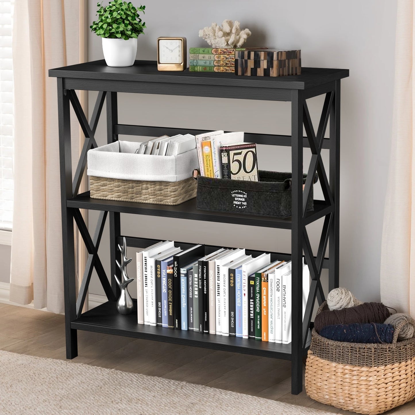 Estantería Etagere de Almacenamiento de Madera de 3 Niveles Multifuncional con Diseño en X - Negro