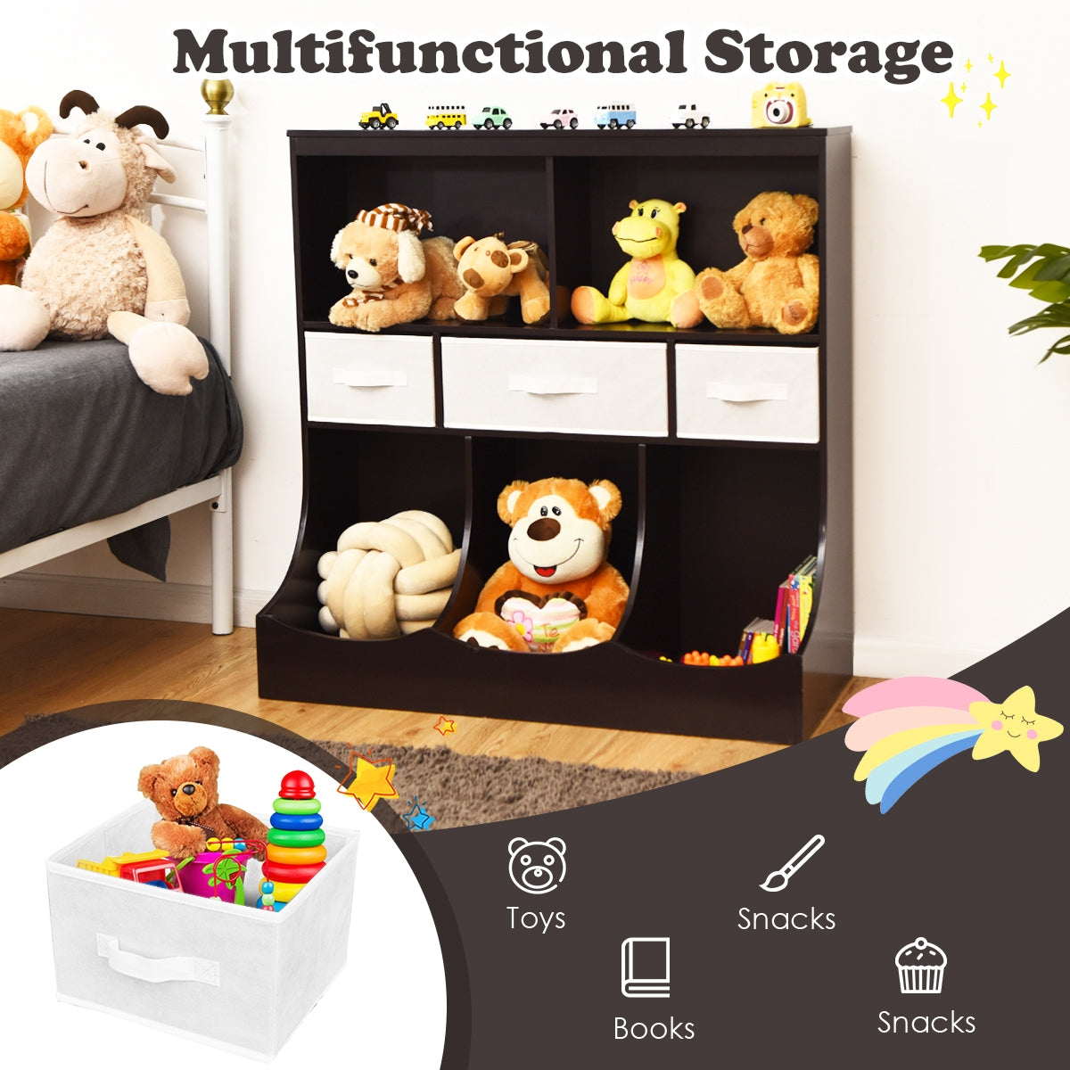 Freestanding Combo Cubby Bin Storage Organizer Unit W/3 Baskets