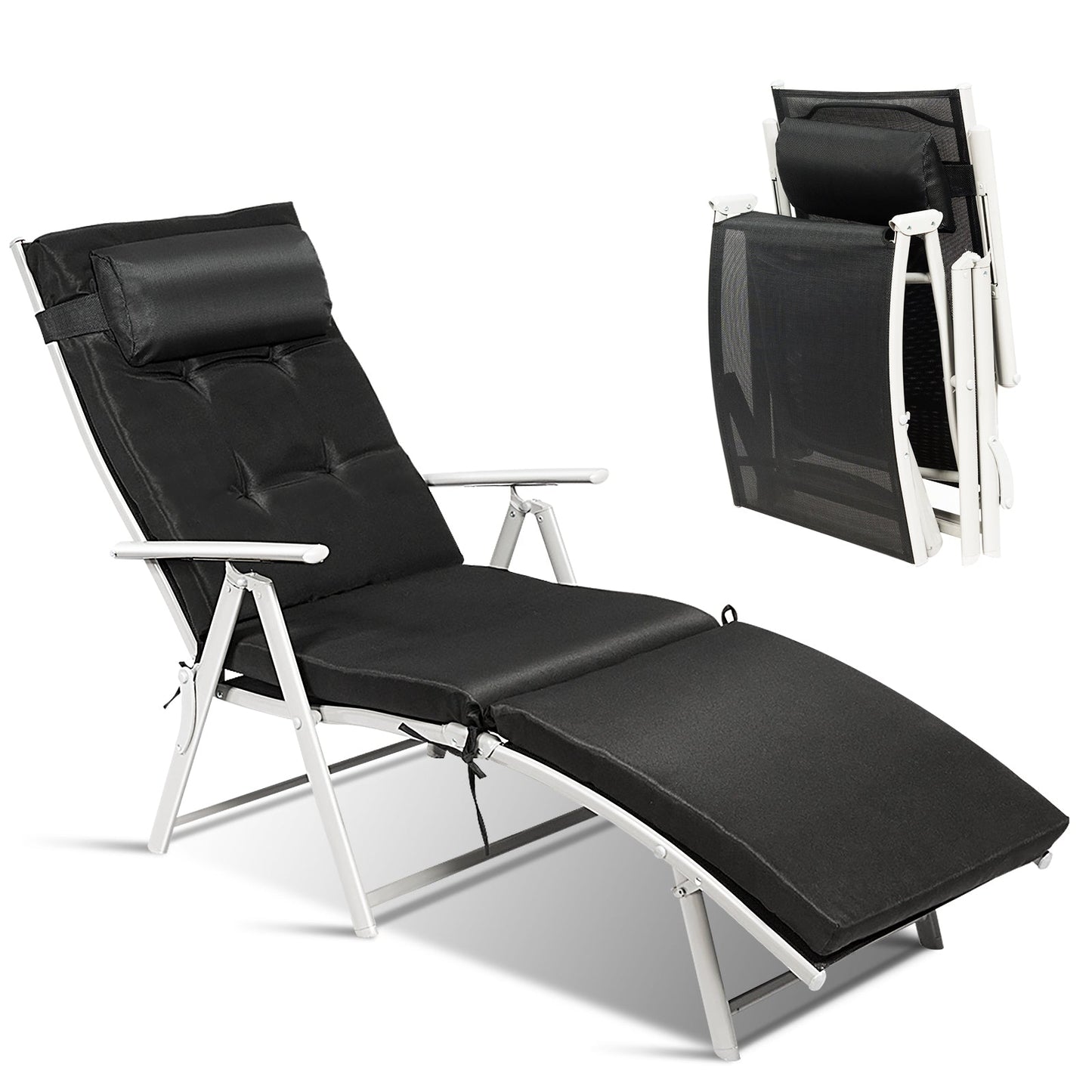 Tumbona reclinable plegable ligera para exteriores con almohada - Negro