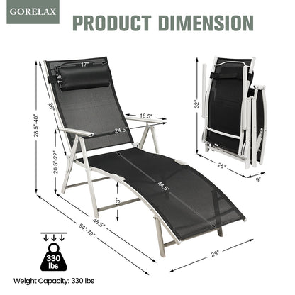 Tumbona reclinable plegable ligera para exteriores con almohada - Negro