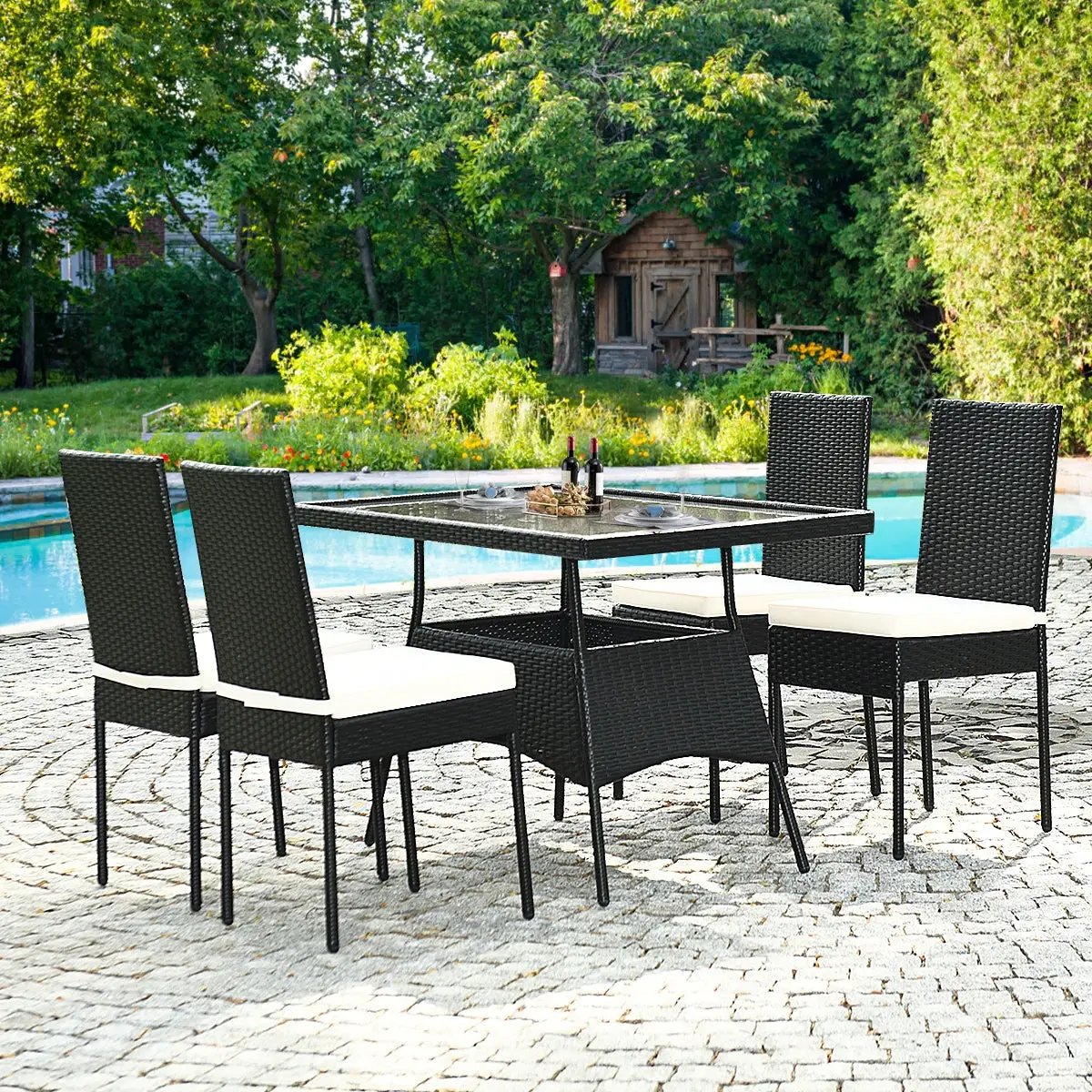 Rattan Patio Dining Set with Glass Top Cushions