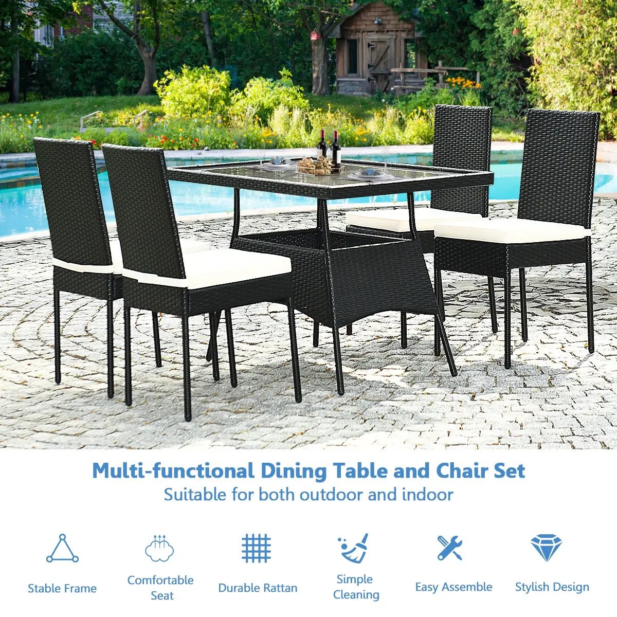 Rattan Patio Dining Set with Glass Top Cushions