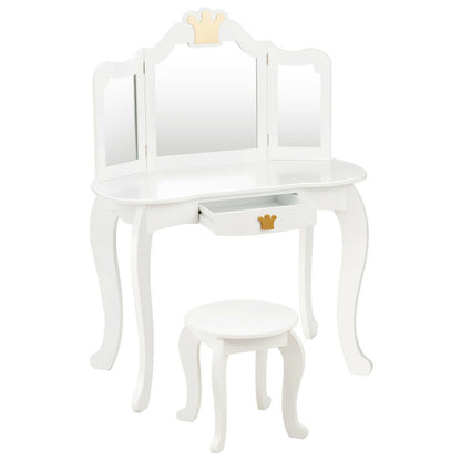 Kids Makeup Dressing Table with Tri-folding Mirror and Stool