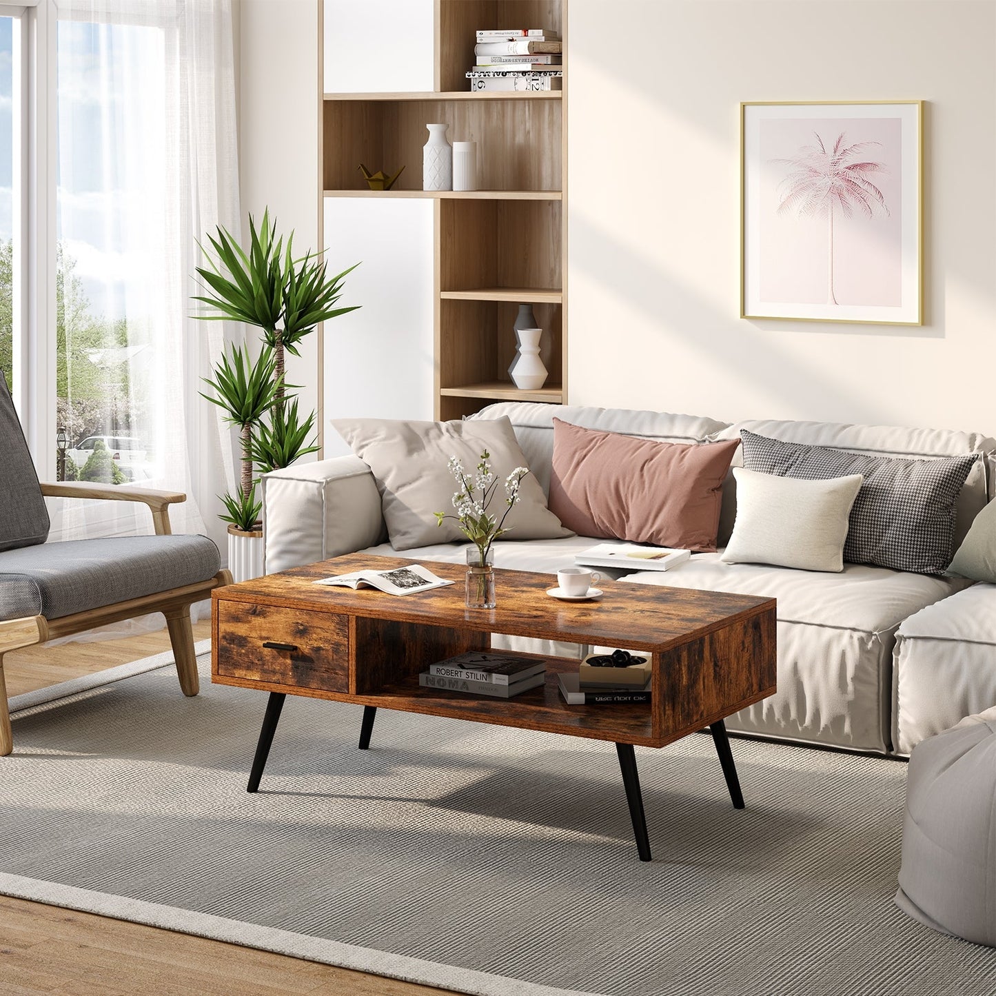 Mesa de centro rectangular retro con cajón y estante de almacenamiento - Marrón rústico