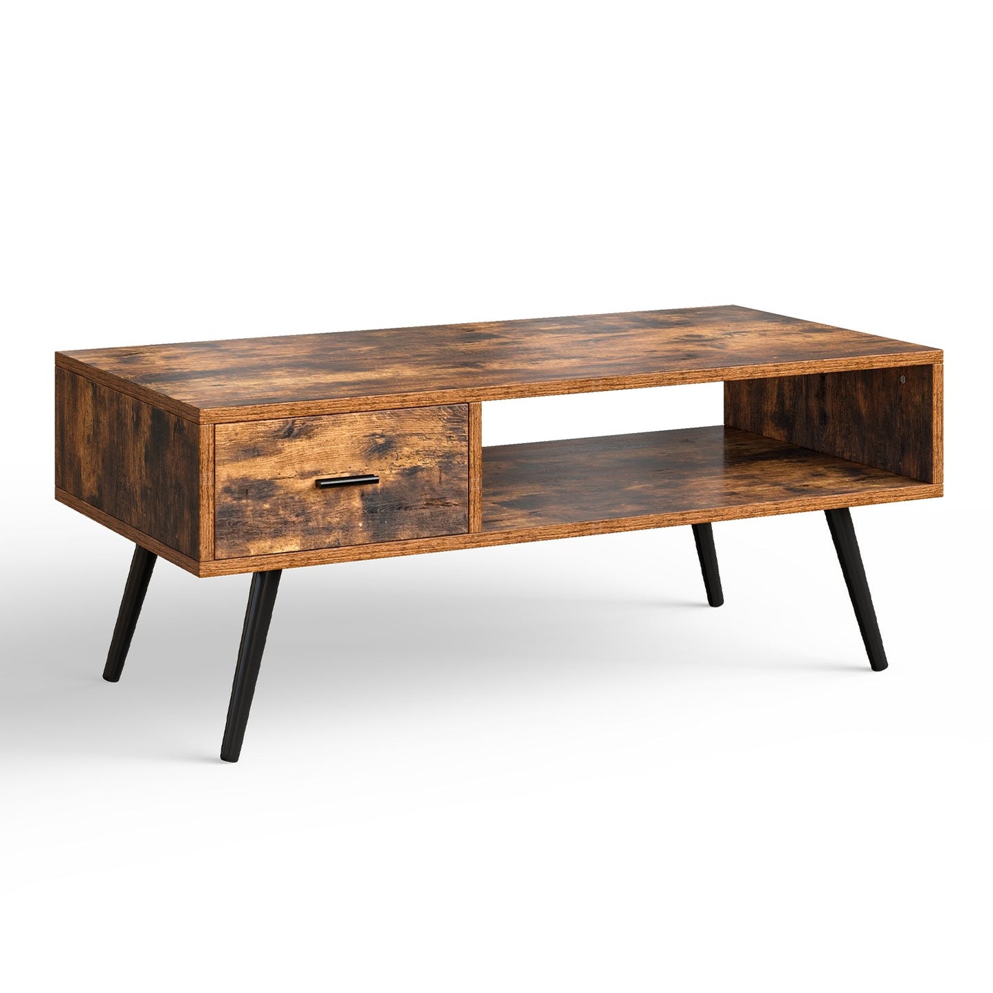 Mesa de centro rectangular retro con cajón y estante de almacenamiento - Marrón rústico