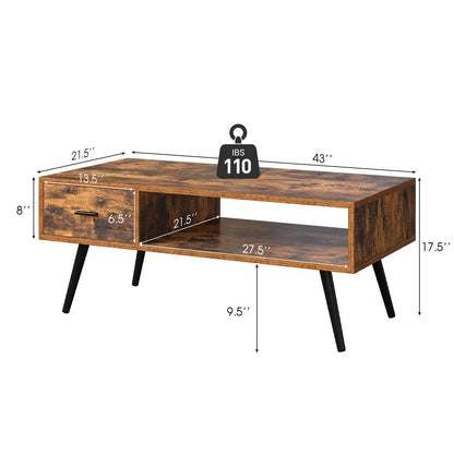Mesa de centro rectangular retro con cajón y estante de almacenamiento - Marrón rústico