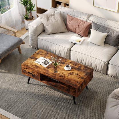 Mesa de centro rectangular retro con cajón y estante de almacenamiento - Marrón rústico