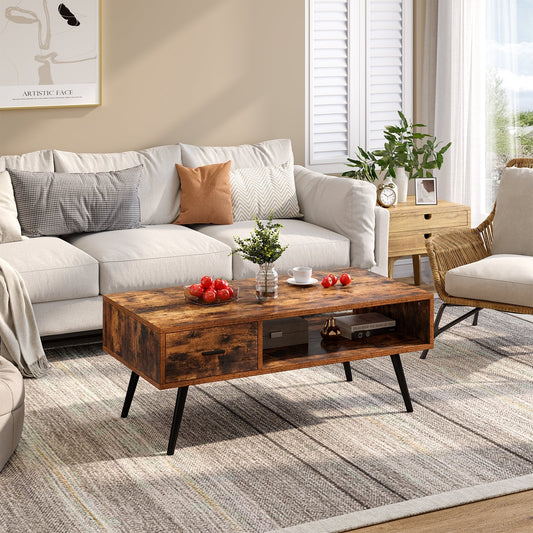 Retro Rectangular Coffee Table with Drawer and Storage Shelf-Rustic Brown - Tampa Home & Garden Store