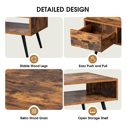 Mesa de centro rectangular retro con cajón y estante de almacenamiento - Marrón rústico