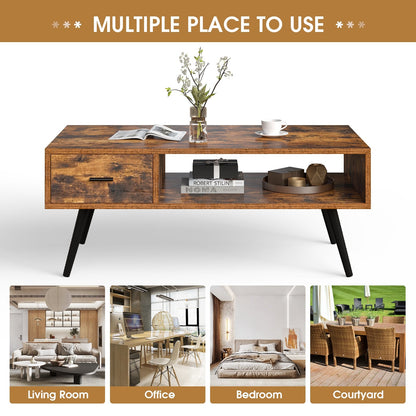 Mesa de centro rectangular retro con cajón y estante de almacenamiento - Marrón rústico