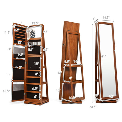 360° Rotatable 2-in-1 Lockable Jewelry Cabinet with Full-Length Mirror-Brown