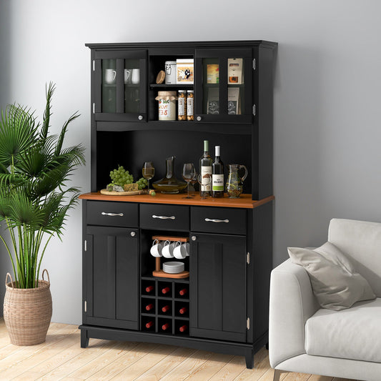 Mueble alacena de cocina con estante para vinos y cajones - Negro