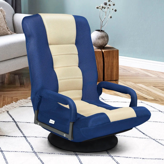 360-Degree Swivel Gaming Floor Chair blue and beige cushions foldable backrest DirectDeals on Tampa Home & Garden Store