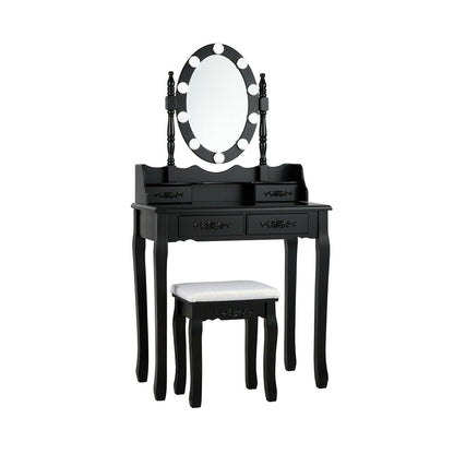 Tocador de Maquillaje con Espejo Iluminado con Interruptor Táctil y Taburete Acolchado-Negro