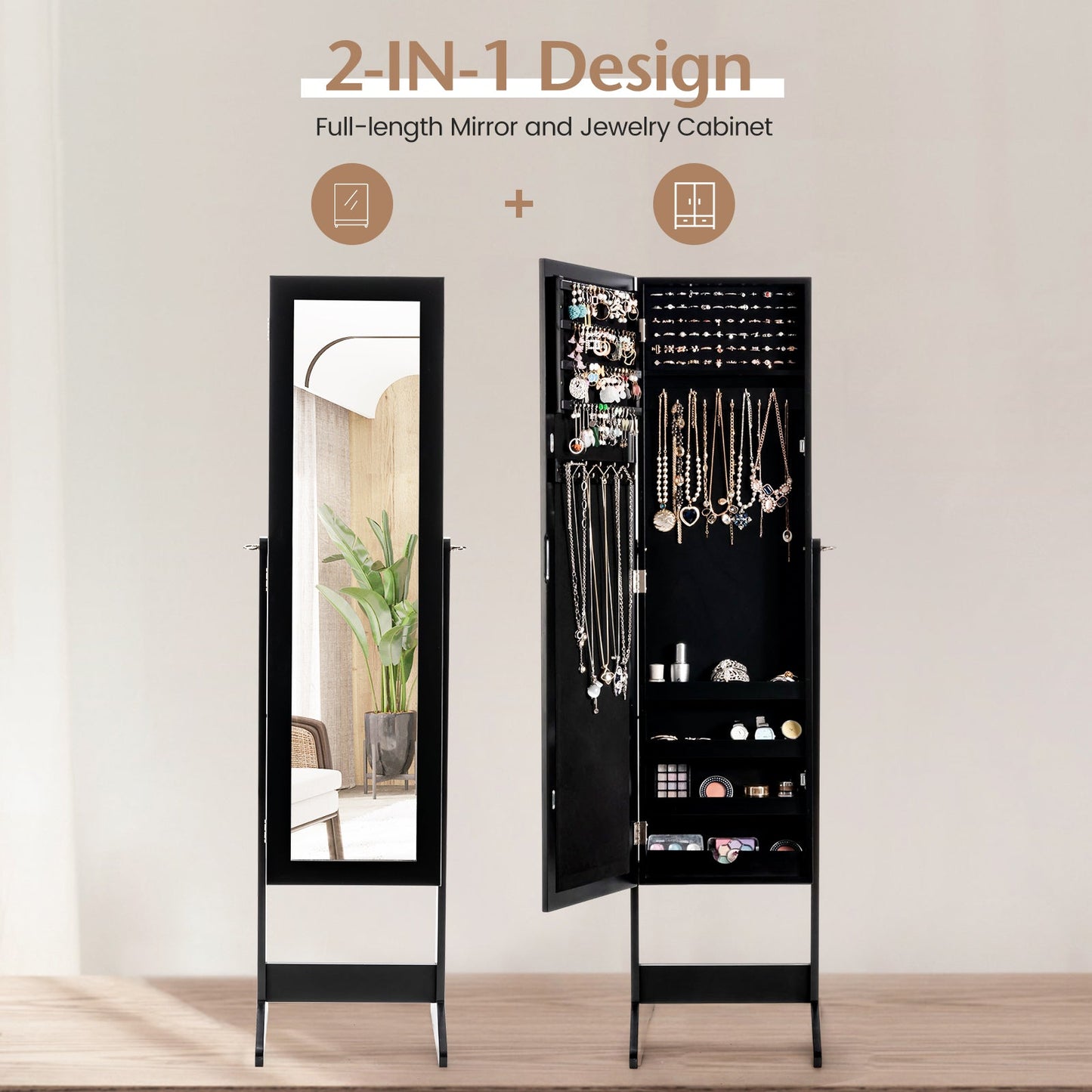 Mirrored Standing Jewelry Cabinet Storage Box-Black
