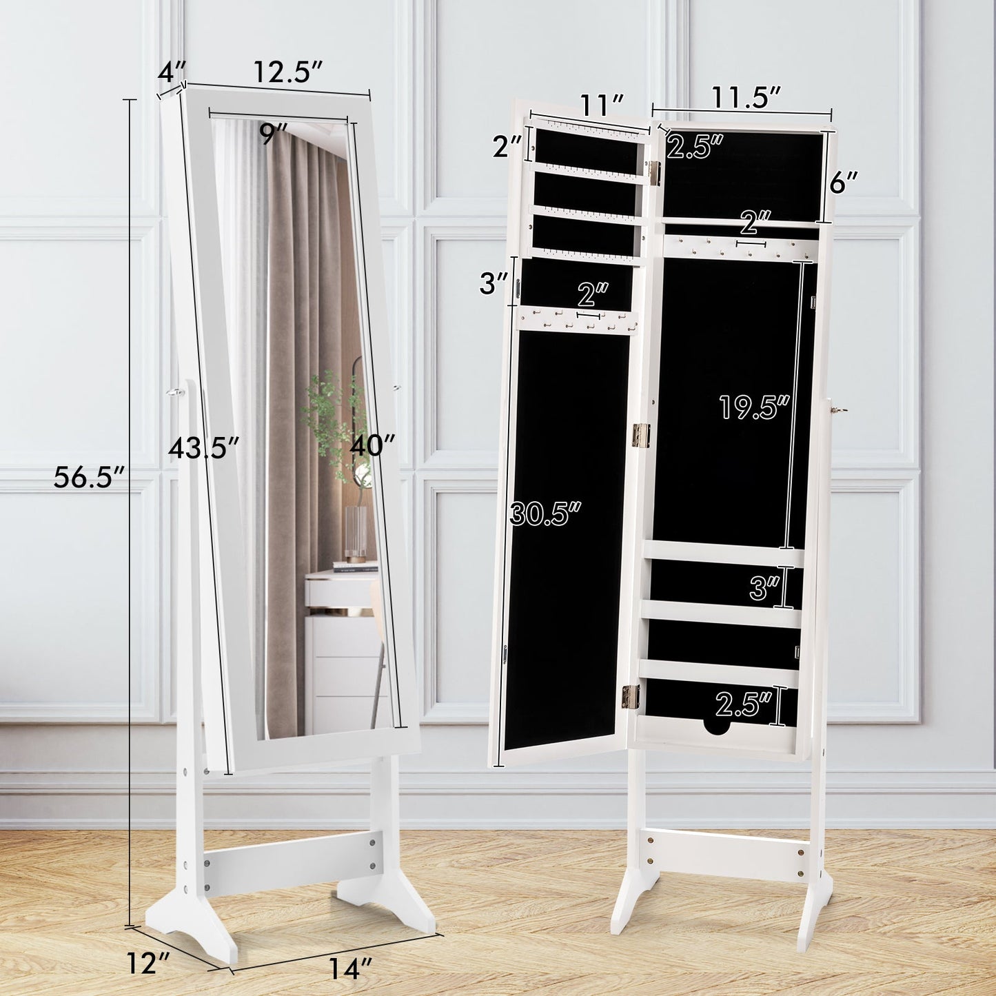 Mirrored Standing Jewelry Cabinet Storage Box-Black