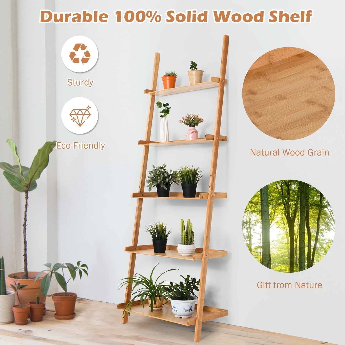5-Tier Ladder Shelf Bamboo Bookshelf Wall-Leaning Storage Display Plant Stand-Natural