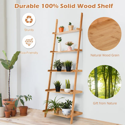 5-Tier Ladder Shelf Bamboo Bookshelf Wall-Leaning Storage Display Plant Stand-Natural