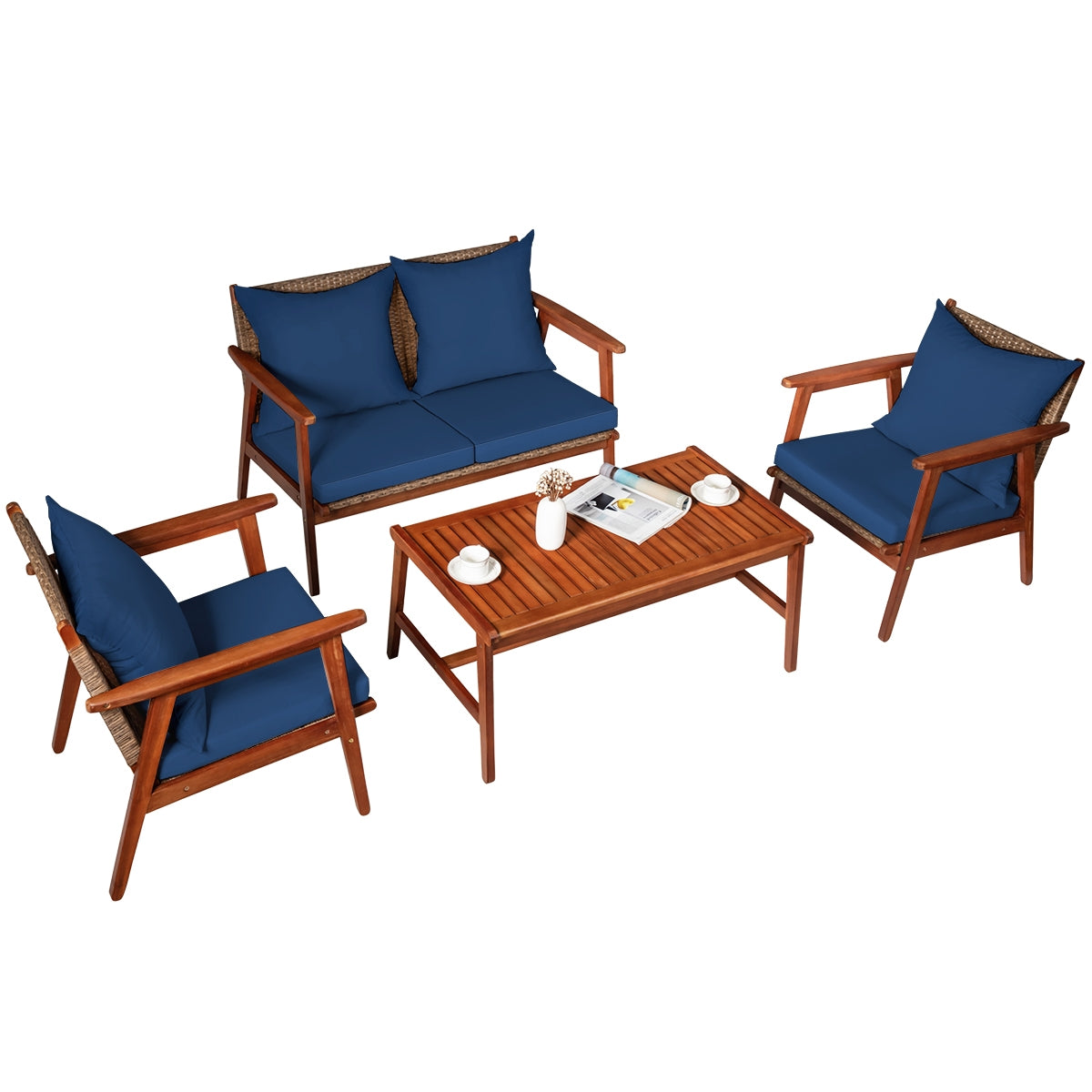 4 Piece  Acacia Wood Patio Rattan Furniture Set-Red